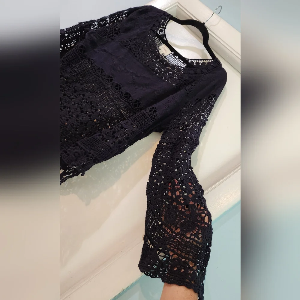 Women's Deletta Anthropologie Crochet Navy Blue Shirt, Size L - Picture 6 of 12